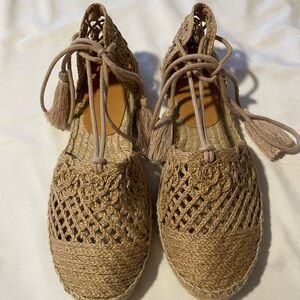 Sezane Tan Espadrilles with Ankle Straps and Woven Pattern